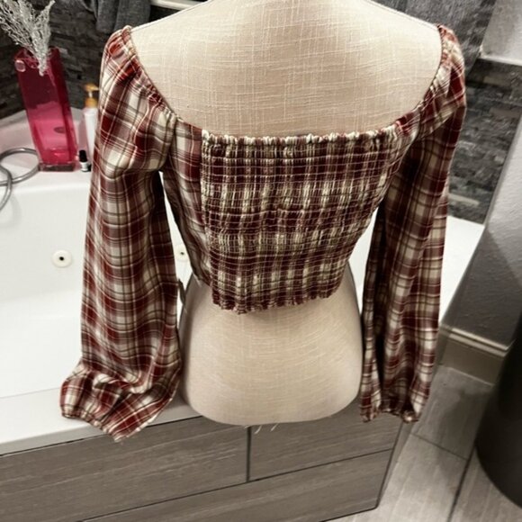 Love Tree Large Cropped Plaid Off-Shoulder Top - Red and Cream - Picture 3 of 5